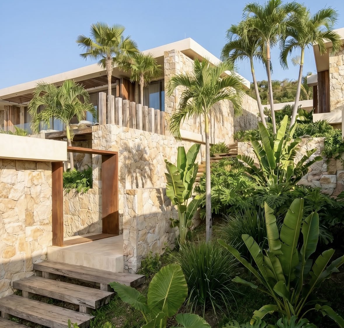 Garden residence in stone and timber among tropical planting